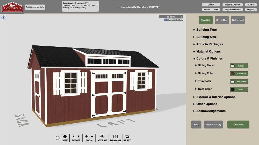 The Homestead Millworks shed designer with a 12x20 utility shed being customized: building type, size, add-ons, materials, and colors